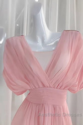 Sexy A Line V Neckline Ruffled Pink Chiffon Beach Dresses WomenS Vacation Dresses